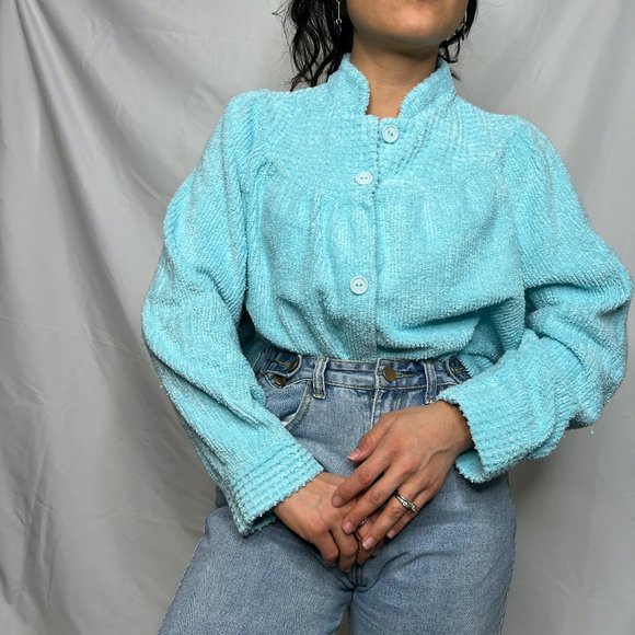 Vintage 1970s chenille bed jacket robe medium blue button down robe top romantic - Picture 2 of 9